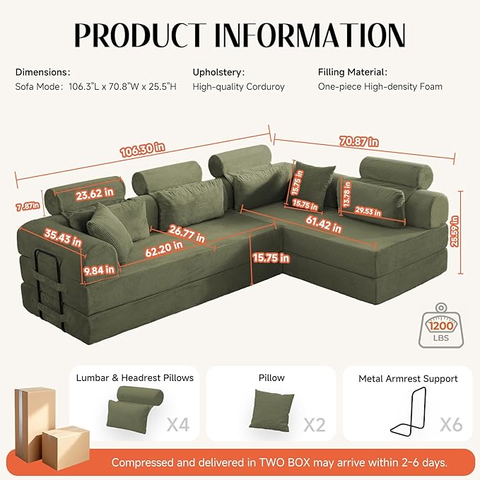 106" L-Shaped Modular Boneless Couch, 2-Piece System (2×70.87"), Convertible Sectional to 141.7" Straight Sofa, Corduroy Couch in a Box, Headrest & Back Pillows for Living Room, Olive Green