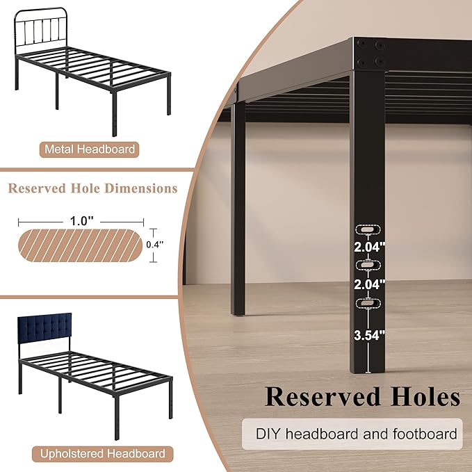 20 Inch Twin XL Size Bed Frame, No Box Spring Needed, Heavy Duty Black Metal Platform Mattress Foundation with Steel Slats, Non-Slip Noise Free Easy Assembly, Large Storage