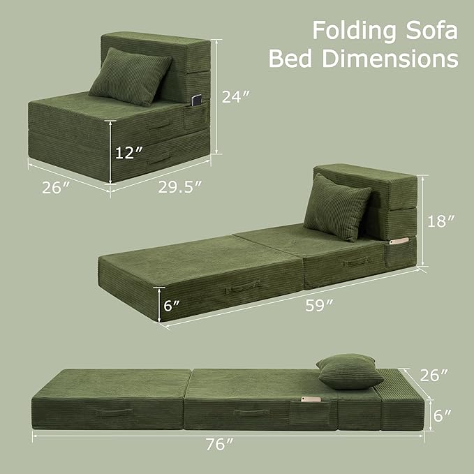 Folding Sofa Bed, 4 in 1 Convertible Sleeper Chair with Pillow, Single Memory Foam Fold Out Chair Bed, Modern Floor Futon Sofa Couch Mattress for Living Room/Guest/Apartment, Green | Convertible, Compressed sofa, Large storage bag