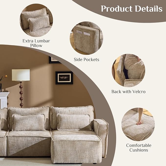 Karl home 110" Cloud Sectional Couches with Moveable Ottoman 3 Seat Boneless Modular Sofa Set L-Shape Convertible Couche with Chenille Upholstery for Living Room, Apartment, Studio, Khaki