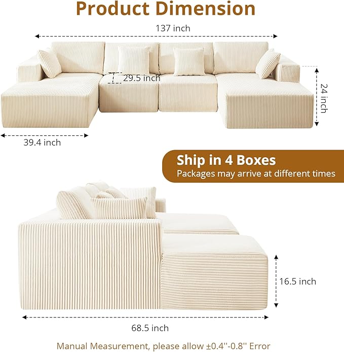 Sectional Cloud Boneless Couch 137" Modern Comfy U-Shaped No Assembly Required Convertible Compression Sleeper Modular Sofa with Corduroy Fabric Deep Seat Single + Chaise for Living Room