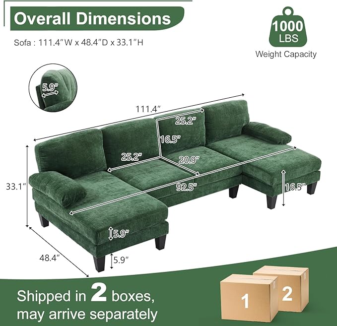 Karl home 111" Sectional Sofa U-Shaped 4-Seat Couch with Chaises Wood Grian Legs Chenille Fabric Upholstered for Living Room, Apartment, Office, Green