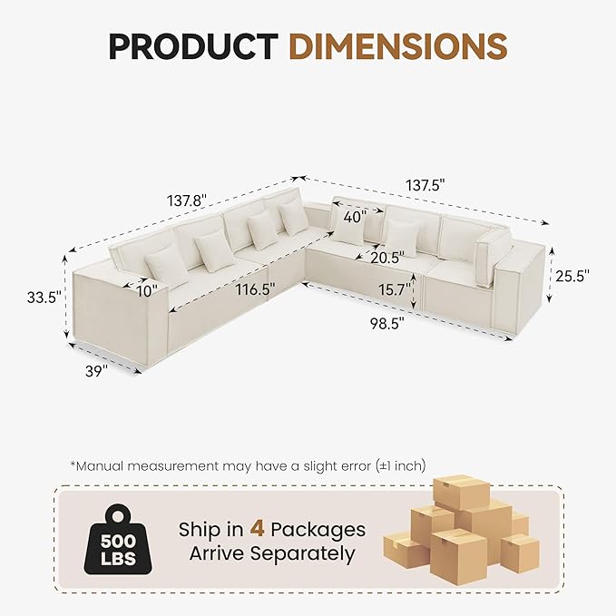 138'' Boneless Chenille L Shaped Couch, Oversized Modular Sectional 7 Seater Sofa, Modern Deep Seat Corner Cloud Compressed Couch, No Assembly Sleeper Sofa with Chaise for Living Room, Beige