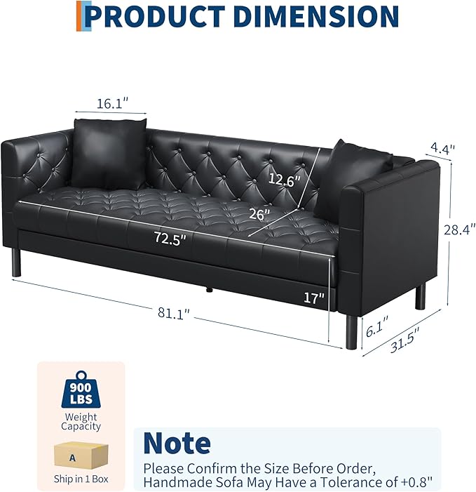 GarveeHome 78" Leather Couch for Living Room, Button-Tufted 3 Seater Sofa with 2 Pillows and Deep Seat, Modern Mid-Century Leather Sofa for Apartment, Office