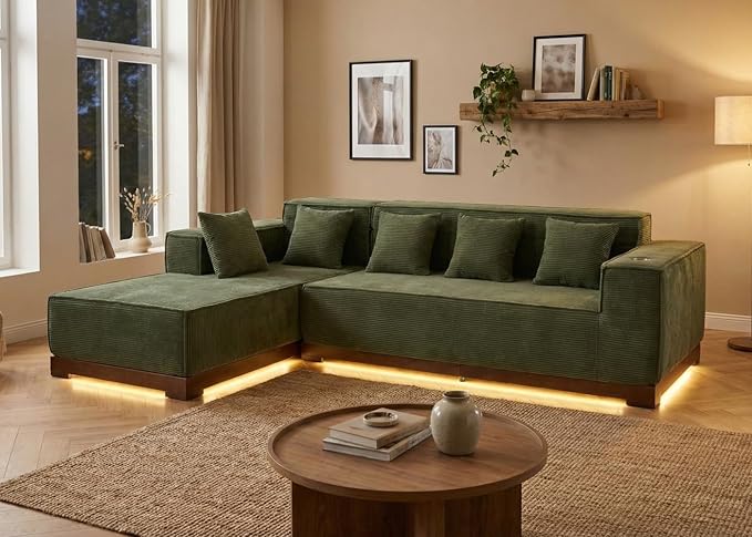 LIKIMIO 110” L-Shaped Sofa with LED Lights, Cloud Boneless Couch with Oversized Chaise, Deep Seat, Built-in Holder & Storage Pocket, Upholstered Couches for Living Room and Apartment, Green