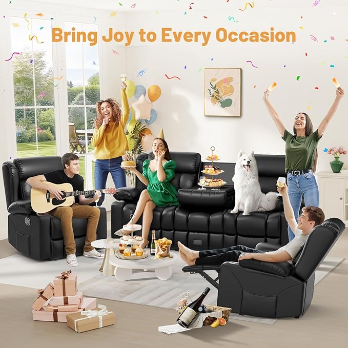 Recliner Sofa Set, Flip Middle Backrest Design PU Leather 3 Seater Reclining Sofa and 2PC Single Recliner Chair, Manual Couches for Living Room (Black, PU 3+1+1)