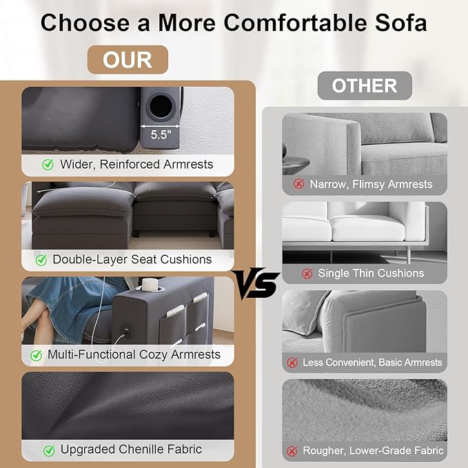 80.7" Modular Sectional Couch, L Shaped Cloud Sofa with Movable Ottoman, Chenille Deep Seat Cloud Couch with Charging Station, Cup Holder, Side Pocket, Sectional Couches for Living Room, Grey
