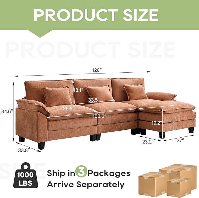 120" Modular Sectional Sofa, Comfy Cloud Couch Sectional Sofa with Ottoman, Chenille Sofa Sleeper Deep Seat Sofa with Throw Pillows for Living Room (Orange, 120"- L Shape)