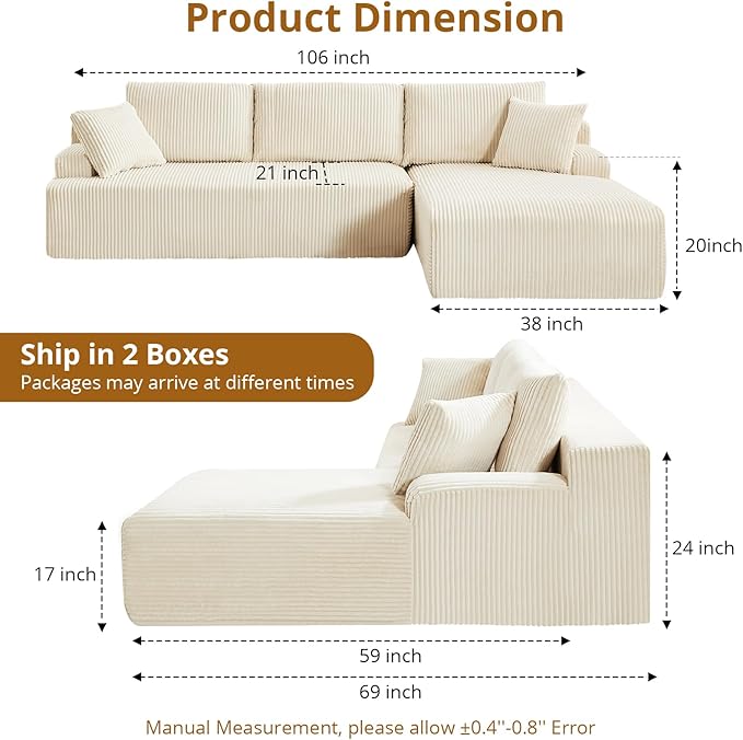 Sectional Cloud Boneless Couch 106" Modern Comfy L-Shape Corner No Assembly Required Convertible Compression Sleeper Modular Sofa with Corduroy Fabric Deep Seat Loveseat + Chaise for Living Room