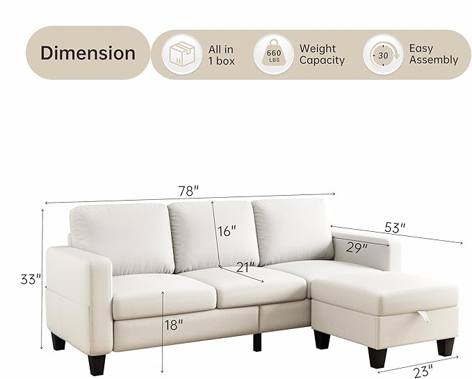 78" Sectional Sofa Couches for Living Room, Beige Convertible L Shaped Couch with Storage Ottoman, Deep Seat Pet-Friendly Linen Fabric Sofa Set for Small Space, Apartment, Dorm