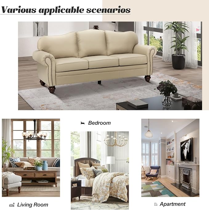 HULALA Home 81'' Genuine Leather Sofa with Nailhead Trim and Rolled Armrests, Mid-Century Modern Living Room 3-Seater Couch, Beige Couch with Removable Cushion for Bedroom Apartment