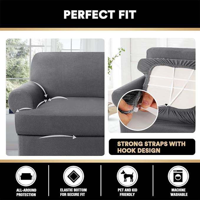 PrinceDeco T Cushion Sofa Slipcover 3 Pieces Sofa Covers for T Cushion Couch Soft Couch Covers Sofa Slip Cover Furniture Covers with 2 Individual T Shape Seat Covers Width Up to 88", Grey
