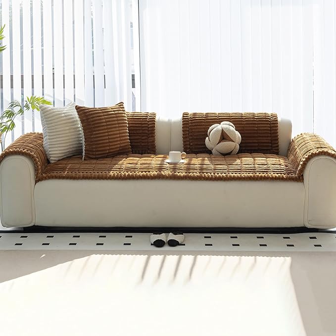 Sofa Couch Cover, Sofa Covers for Dogs Washable, Non-Slip Striped Sofa Slipcovers for Sectional Sofa, Sofa Cover Furniture Protector for L Shaped(Light Brown, 27.6"x 82.7")