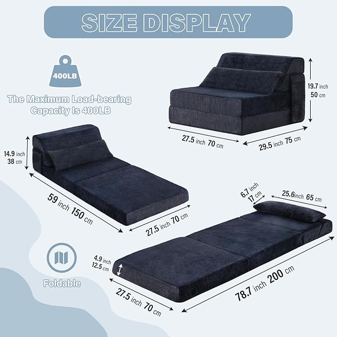 Tiita Convertible Folding Sofa Bed Single Size for Adults with Pillow, Plush Fabric Floor Mattress Couch Bed, Washable Cover & Side Pocket, Guest Room, Dorm, Apartment, Living Room, Navy