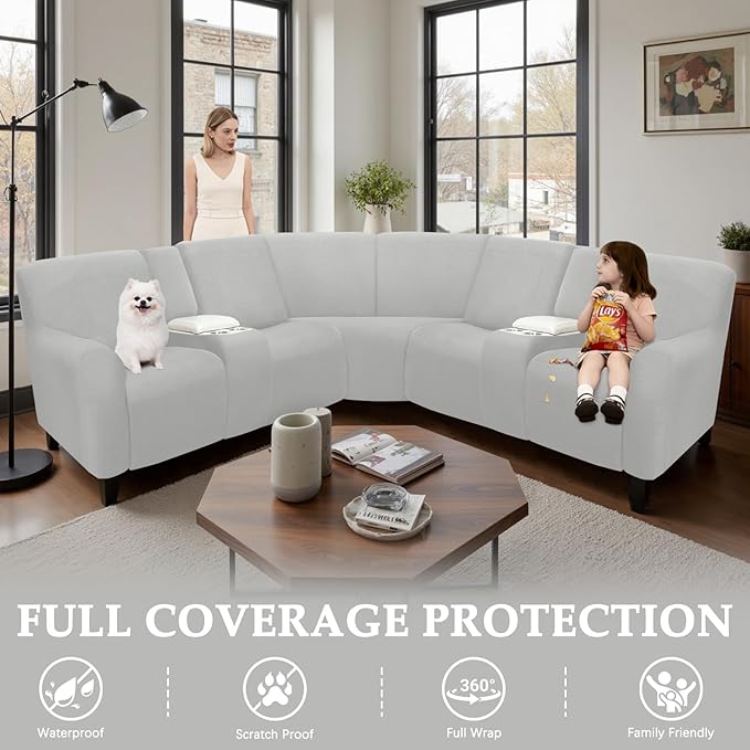 Reclining Sectional Couch Covers L Shape Waterproof Washable Recliner Sofa Cover for L Shaped Sectional Super Stretch Soft Corner Recliner Slipcovers (5 Seater 2 Console Cover, Silver Gray)