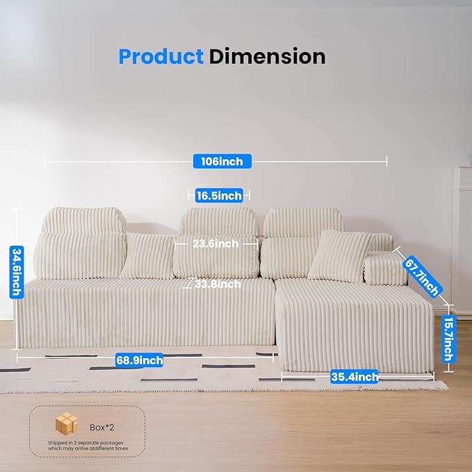 106’’ Sectional Couch with High Backrest, L-Shape Modular Sectional Sofa Convertible Left or Right Chaise, Cloud Corduroy, Boneless Couches Comfortable for Living Room(Beige)