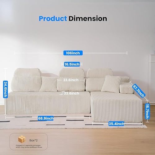 106’’ Sectional Couch with High Backrest, L-Shape Modular Sectional Sofa Convertible Left or Right Chaise, Cloud Corduroy, Boneless Couches Comfortable for Living Room(Beige)