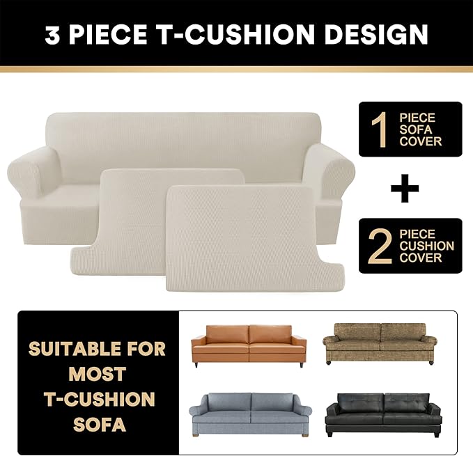 PrinceDeco T Cushion Sofa Slipcover 3 Pieces Sofa Covers for T Cushion Couch Soft Couch Cover Sofa Slip Covers (70"-88") Furniture Covers with 2 Individual T Shape Seat Cover, Island Fossi