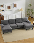 Karl home 110" U-Shape Sectional Couches for Living Room Chenille Upholstery 4 Seat Sofa Set with Double Chaises & Wood Grain Legs for Apartment, Dark Grey