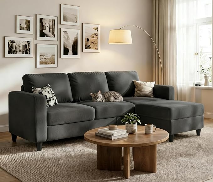 73" Sectional Sofa Couch for Living Room, Dark Grey Convertible L Shaped Sofa with Reversible Ottoman, 8" Extra Thick High-Density Cushions, Modern Linen Fabric 3 Seater Sofa for Small Space | 8" Extra Cushions