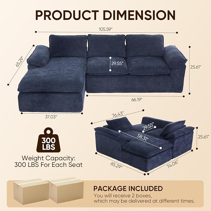 105.6”L Shape Modular Sectional Couch for Living Room, Modern Cloud Sectional 3 Seat Sofa with Oversized Chaise, Woven Texture Upholstery Boneless Couch (Blue, Left Facing Chaise)