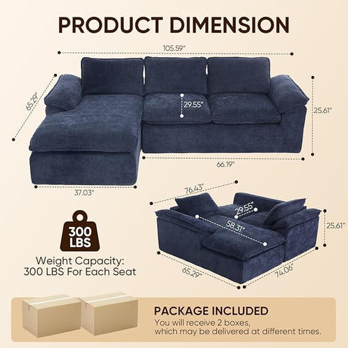 105.6”L Shape Modular Sectional Couch for Living Room, Modern Cloud Sectional 3 Seat Sofa with Oversized Chaise, Woven Texture Upholstery Boneless Couch (Blue, Left Facing Chaise)