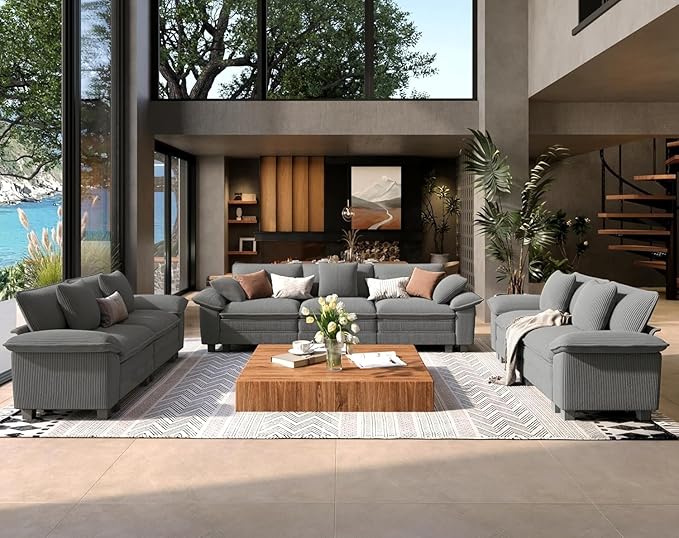 3 Piece Living Room Sofa Furniture Set, Oversized Corduroy Modular 2 Loveseat and 3-Seat Couch with Pillow, 7-Seat Modern Cloud Sectional Deep Seat for Apartment, Grey