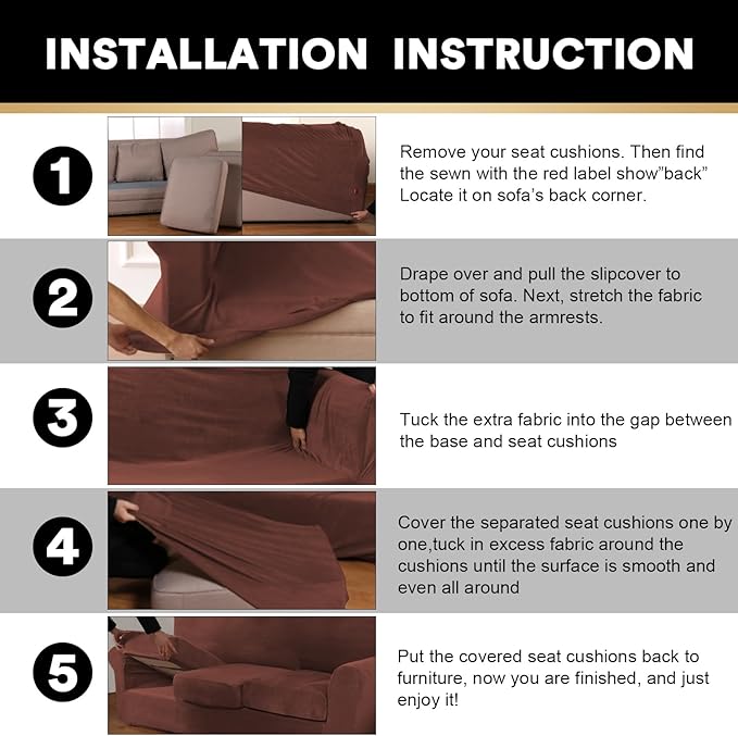 PrinceDeco Velvet Couch Covers for Sofa Soft 4 Pieces Couch Covers for 3 Cushion Couch Sofa Pet Friendly Furniture Protector with Non Slip Elastic Bottom Width Up to 97 Inch (Large Sofas, Burnt Brick)