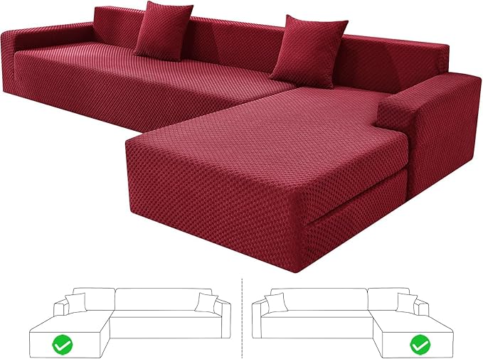 ZNSAYOTX Sectional Couch Covers, Stretch Jacquard Slipcovers with Elastic Bottom for L-Shape Sectional Sofa, 2 Pcs Pet Friendly Modular Sofa Protector (3 Seat Couch + 3 Seat Chaise, Wine Red)