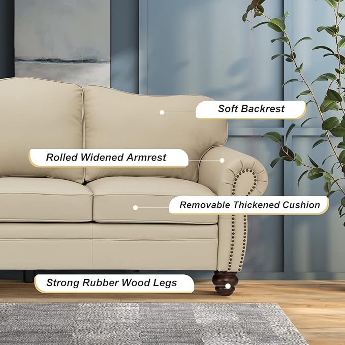 HULALA Home 81'' Genuine Leather Sofa with Nailhead Trim and Rolled Armrests, Mid-Century Modern Living Room 3-Seater Couch, Beige Couch with Removable Cushion for Bedroom Apartment