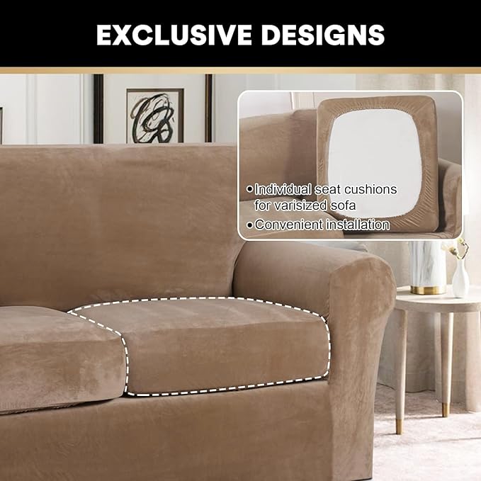 PrinceDeco Velvet XL Couch Cover for Oversized Sofa 4 Piece Sofa Covers for 3 Cushion Couch Washable Furniture Protector with Non Slip Elastic Bottom Width Up to 97 Inch(X-Large, Camel)