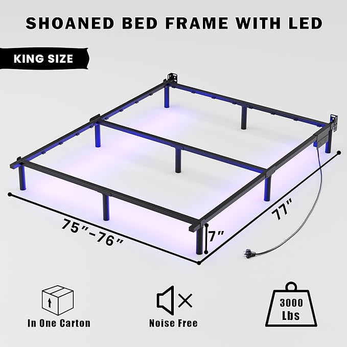 SHOANED King Size Bed Frame with LED, 7 Inch Metal Steel Bedframe for Box Spring and Mattress, Heavy Duty Basics Bed Base, Noise Free, Easy Assembly, Black, Adjustable