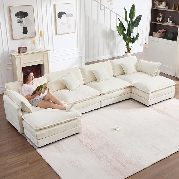 147" Modular Sectional Sofa, Oversized U Shaped Sectionals Cloud Couch, Big Comfy Couch with 2 Ottomans, 6 Seater Chenille Sectional Sofa with Deep Seat and 6 Pillows for Living Room- Beige