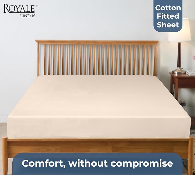 Royale Linens 100% Organic Cotton Fitted Sheet - Percale Weave - Super Soft Deep Pocket Bottom Sheets - Cream Elastic Sheet Queen Size - Queen Fitted Sheets Only - (60"x80"+15", Cream)