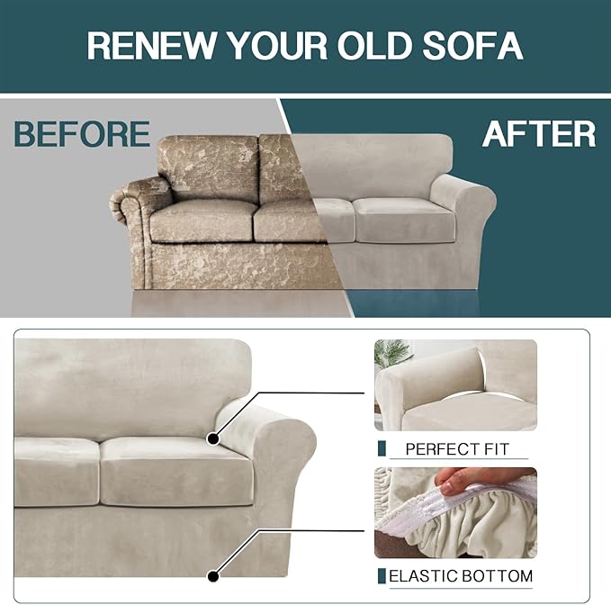FantasDecor 4 Piece Sofa Velvet Couch Covers for 3 Cushion Stretch Slipcover with Individual Seat Cushion Elastic Furniture Protector for Pets, Machine Washable (Large Sofa, French Oak)