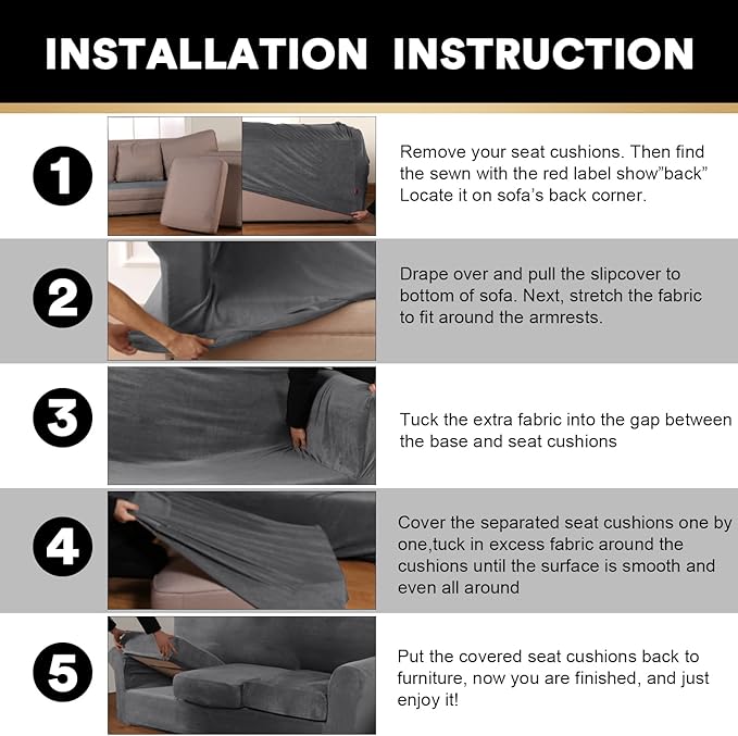 PrinceDeco Velvet XL Couch Cover for Oversized Sofa 4 Piece Sofa Covers for 3 Cushion Couch Washable Furniture Protector with Non Slip Elastic Bottom Width Up to 97 Inch(X-Large, Grey)