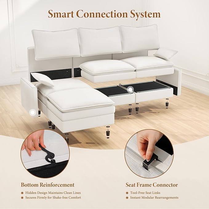 Vesgantti 108" Sectional Sleeper Sofa, 6-Seater Oversized Modular Cloud Couch with Movable Ottoman, Chenille Large Sofa Bed Convertible Deep Seat Couches for Living Room, Bedroom and Apartment, White
