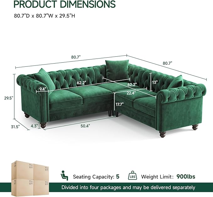 ONBRILL Velvet Chesterfield Sofa, L Shaped Sectional Sofa with Tufted Back & Rolled Arms, 3 Throw Pillows, Small Corner Sectional Couch for Living Room, Apartment, Green | Velvet Fabric