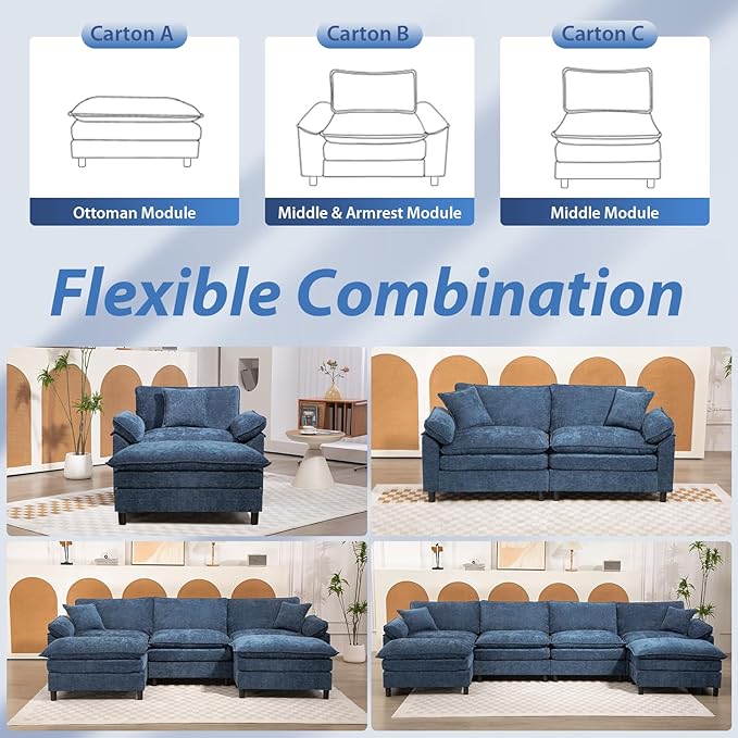 Oversized Modular Sectional Sofa, 80 Inch L Shaped Cloud Couch Set, 2-Seat Comfy Convertible Sofa with 1 Movable Ottoman, DIY Combination Sleeper Couch for Living Room(Chenille, Blue)