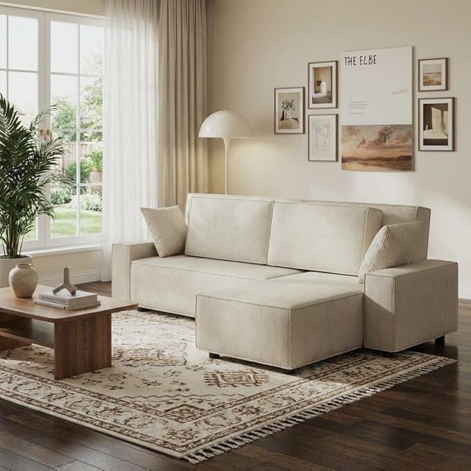 GAOMON Fine Stripe Corduroy Sectional Sofa, l Shaped Modern Corduroy Couch, Comfy Sofa Couch with Deep Chaise for Living Room, Apartment, Hotel, 96" w*61" d*32" h, Beige