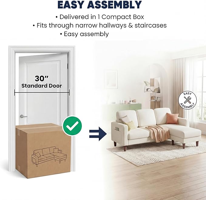 YESHOMY L-Shaped Sofa Couch, Small Couch with Reversible Chaise and Ottoman, Convertible Sectional Comfy 3 Seat Sofas with Side Pockets for Apartment and Living Room (Beige)