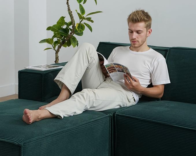 Cozy Castle 142" Modular Sectional Sofa, L Shaped Corduroy Boneless Couch with Deep Seat and Ottoman Chaise Cloud Sofa Upholstered Couches for Living Room Bedroom No Assembly Required (Green)