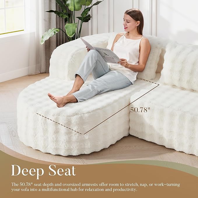 Hobestluk 96" Cloud Sectional Couch Modern Boneless Couch 3 Seater with Oversized Chaise L Shaped Modular Sofa Couches for Living Room Apartment No Assembly Required (Bubble White,Left Facing Chaise)