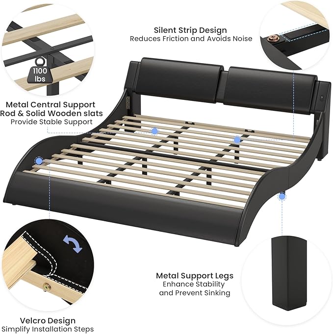 DICTAC King Size Bed Frame with Headboard and Charging Ports Modern Low Profile King Platform Bed Frame with LED Lights Wave Like Curve Led Bed Frame King Size with Wood Slats Support,Black