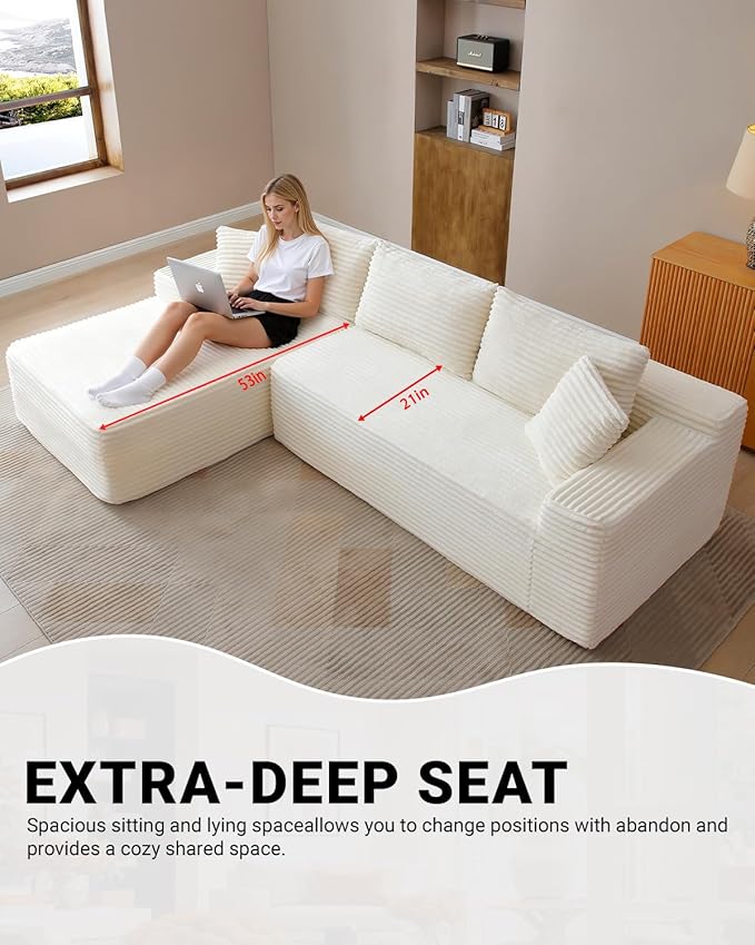 Cloud Sectional Couch,108" Modern Modular Sectional Sofa with Deep Seat,Corduroy Boneless Couches with L-Shape Chaise for Living Room,No Assembly Required (Beige, Left Facing Chaise)