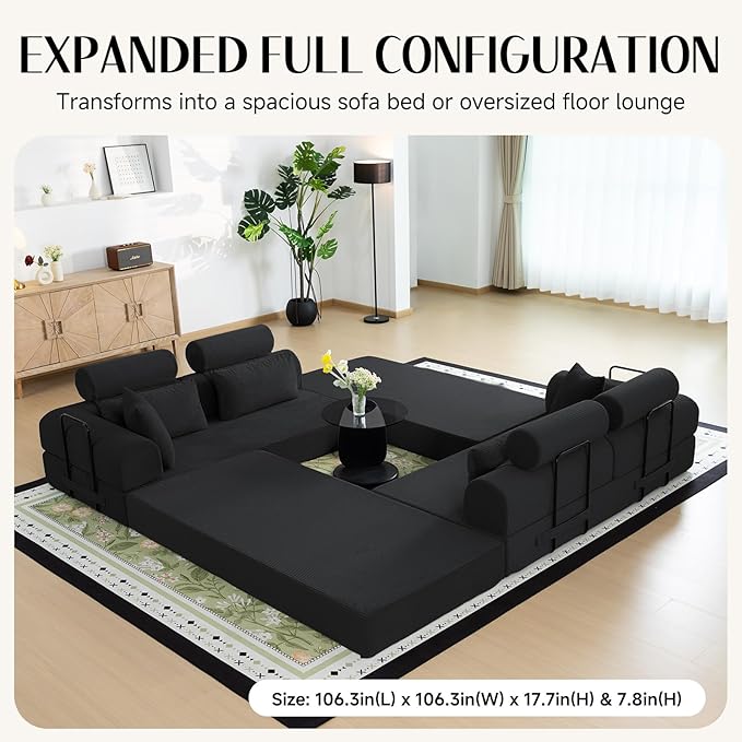 106" L-Shaped Modular Boneless Couch, 2-Piece System (2×70.87"), Convertible Sectional to 141.7" Straight Sofa, Corduroy Couch in a Box, Headrest & Back Pillows for Living Room, Black