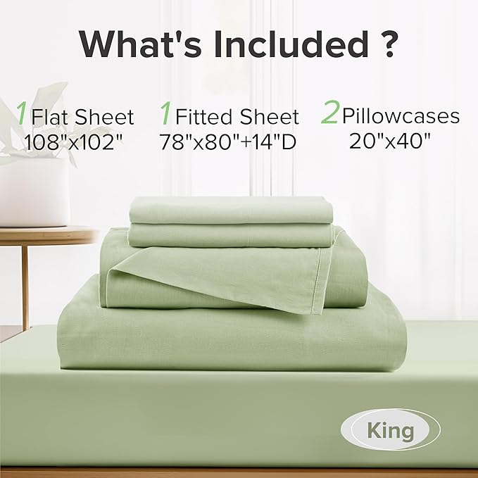 Comfort Spaces 100% Cotton Sheets King, Breathable & Soft Cotton Sheets, Naturally Cool Cotton Bed Sheets with 14" Elastic Pocket Fits up to 16" Mattress, All Seasons Sheet Set, Sage Green 4 Piece