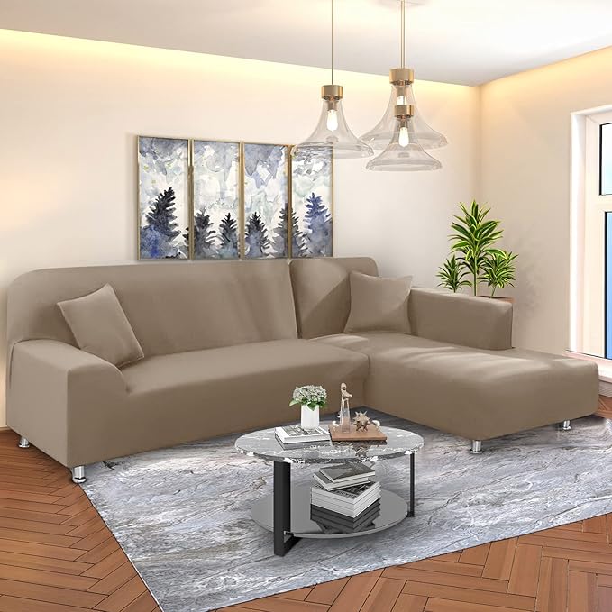 NAISI Couch Cover L Shape 2 Pieces Sofa Cover Soft Stretch Slipcovers with 2pcs Pillowcases Furniture Protector Sectional Couch Covers 3 Seater + 3 Seater(Tan)
