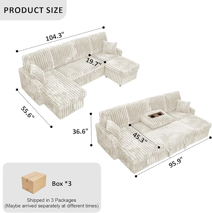 104" U Shaped Sleeper Sofa Bed, Sectional Couches for Living Room, Plush Corduroy Pull Out Couch Bed with Storage, Modular Sectional Couch with Charging Station, Cup Holder, Side Pocket, Beige