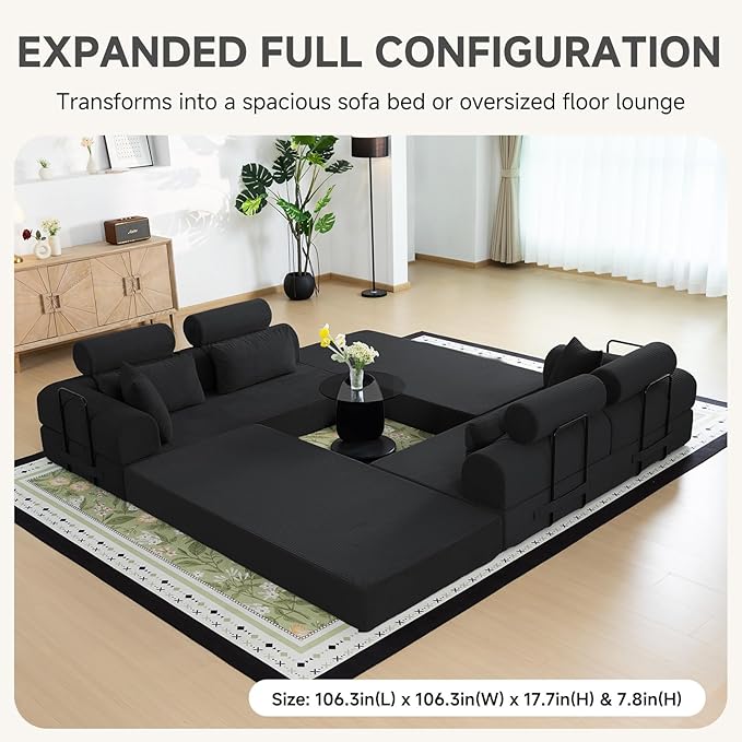 106" L-Shaped Boneless Sectional Couch, 2-Piece 70.87" Modules, Converts to 141.7" Extra-Long Straight Sofa, Corduroy Couch in a Box with Headrest & Back Pillows for Living Room,Black